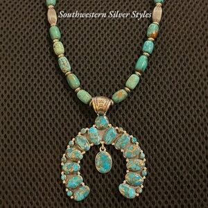 Vintage Sterling Silver Navajo Pearls Turquoise Squash Blossom Pendant Necklace